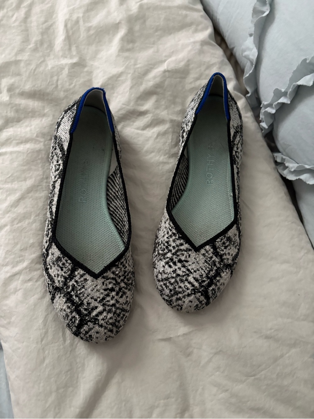 Rothy's Black & White Snake-Print Knit Ballet Flats with Blue Trim